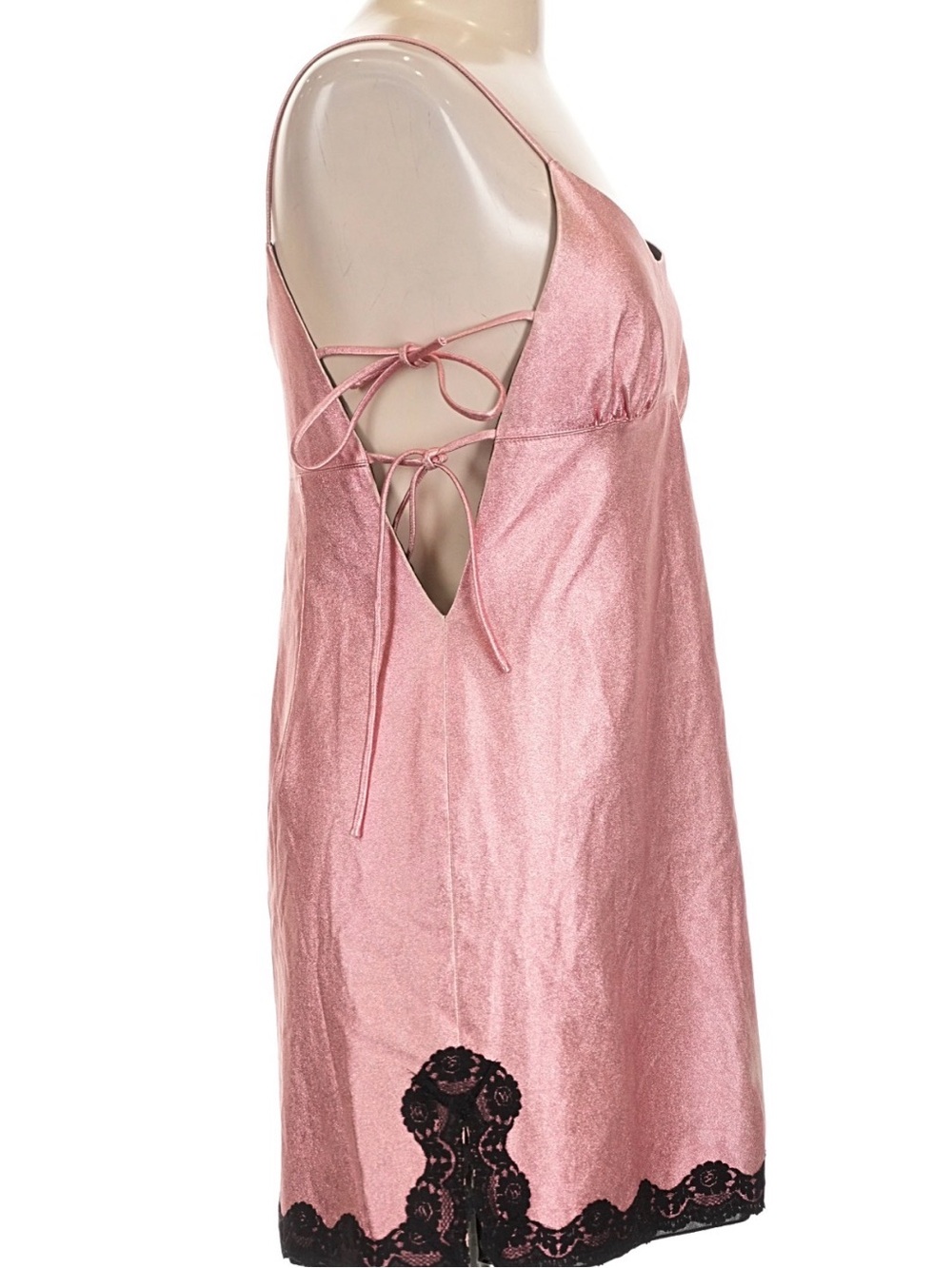 Anna Sui dress Pink Satin Mini Slip with Black Lace Hem shimmer nightgown style